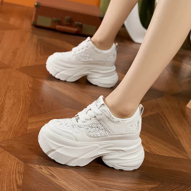 Milan Love Song Breathable Lightweight Height Increasing Low Top Chunky Sneakers Women's White-5