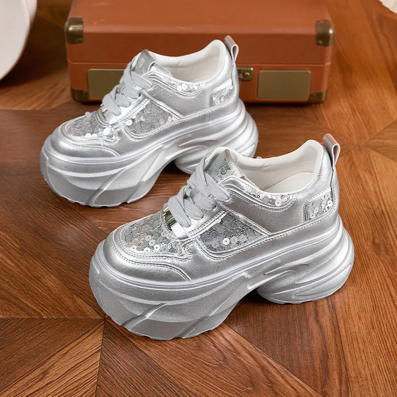 Milan Love Song Breathable Lightweight Height Increasing Low Top Chunky Sneakers Women's White-11