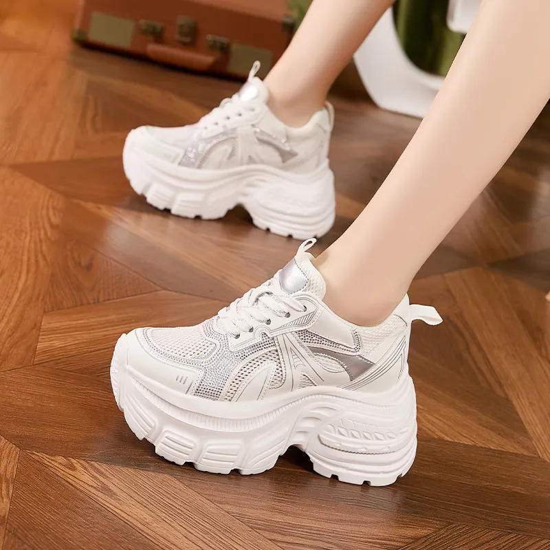 Milan Love Song Mesh Shoes Breathable Lightweight Height Increasing Low Top 8cm Chunky Sneakers Women's Solid Color-10