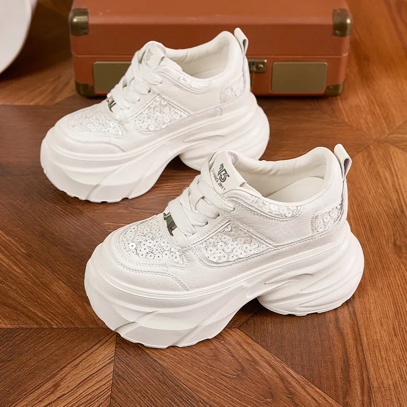 Milan Love Song Breathable Lightweight Height Increasing Low Top Chunky Sneakers Women's White-4