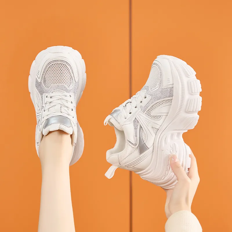 Milan Love Song Mesh Shoes Breathable Lightweight Height Increasing Low Top 8cm Chunky Sneakers Women's Solid Color-12