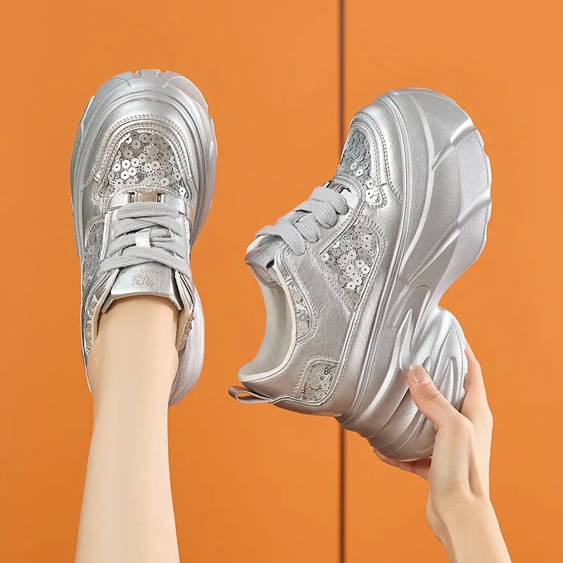 Milan Love Song Breathable Lightweight Height Increasing Low Top Chunky Sneakers Women's White-10