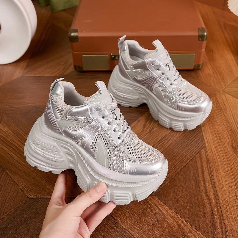 Milan Love Song Mesh Shoes Breathable Lightweight Height Increasing Low Top 8cm Chunky Sneakers Women's Solid Color-2