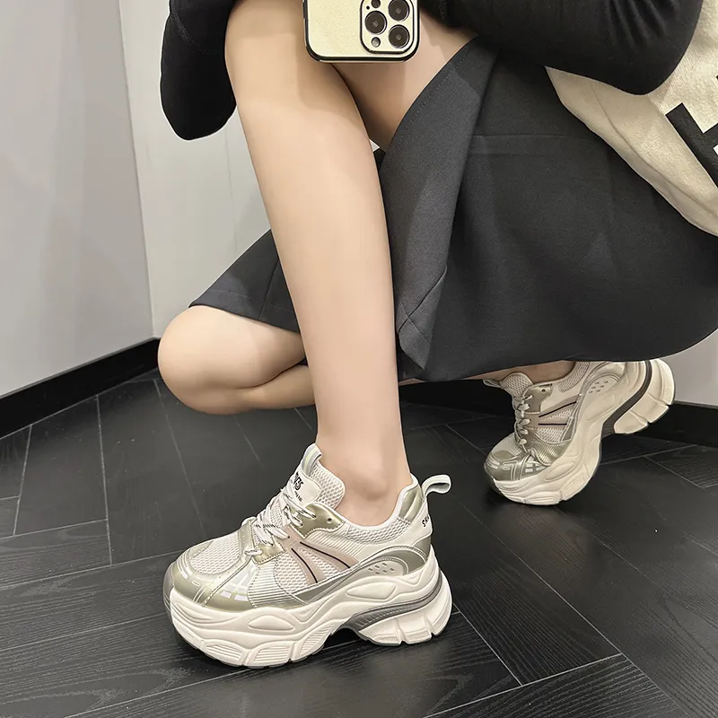 Milan Love Song Height Increasing Wear Resistant Low Top Chunky Sneakers 8cm Women's Gold-1