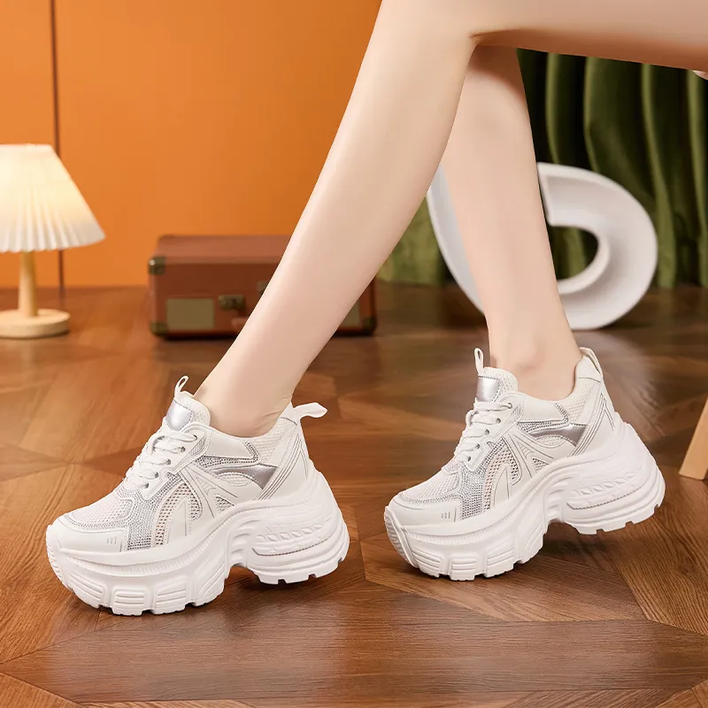 Milan Love Song Mesh Shoes Breathable Lightweight Height Increasing Low Top 8cm Chunky Sneakers Women's Solid Color-9