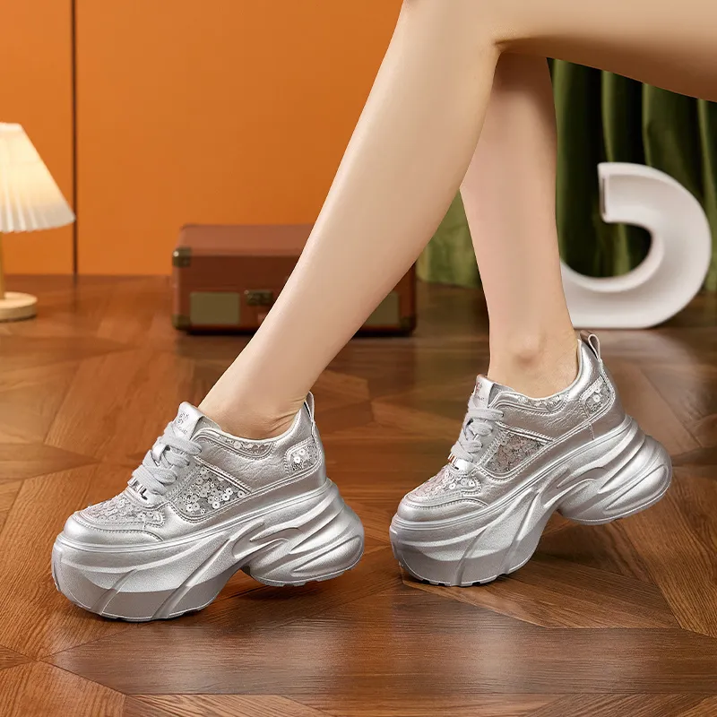Milan Love Song Breathable Lightweight Height Increasing Low Top Chunky Sneakers Women's White-9