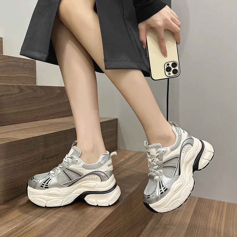 Milan Love Song Height Increasing Wear Resistant Low Top Chunky Sneakers 8cm Women's Gold-9