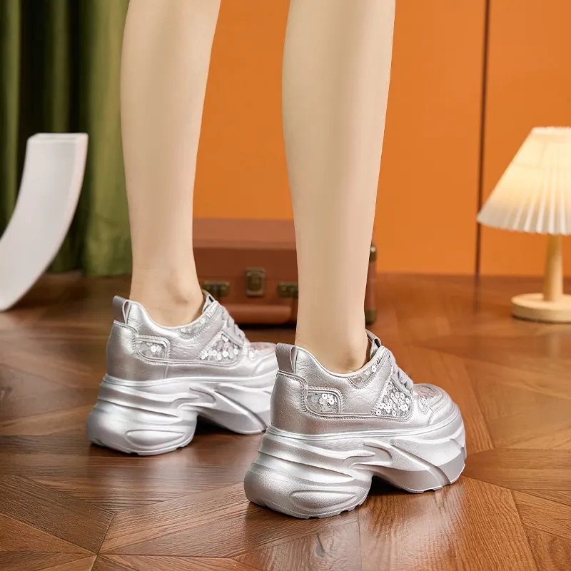 Milan Love Song Breathable Lightweight Height Increasing Low Top Chunky Sneakers Women's White-8