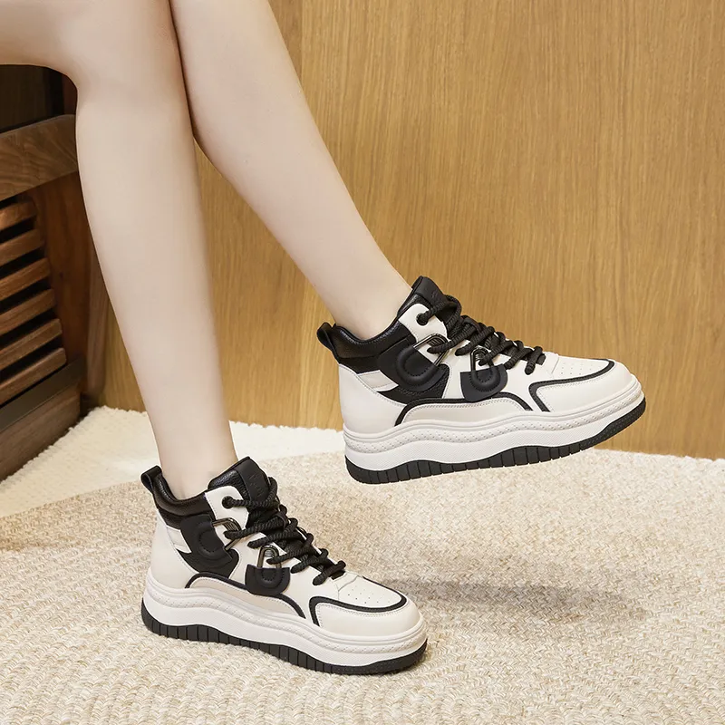 Milan Love Song Wear-Resistant Lightweight Height Increasing High-Top Skateboard Shoes Women's Beige Black-6