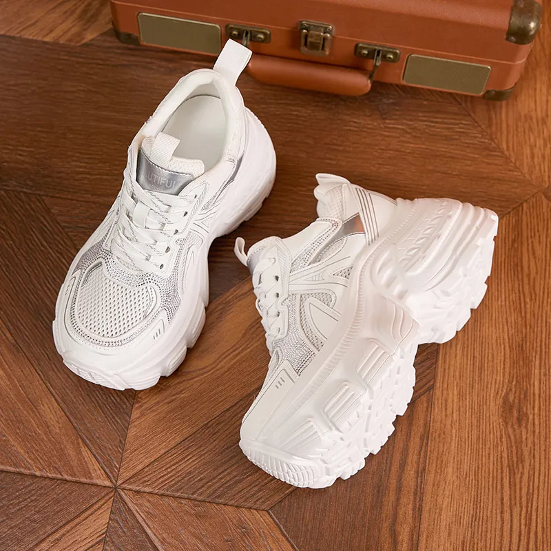 Milan Love Song Mesh Shoes Breathable Lightweight Height Increasing Low Top 8cm Chunky Sneakers Women's Solid Color-13