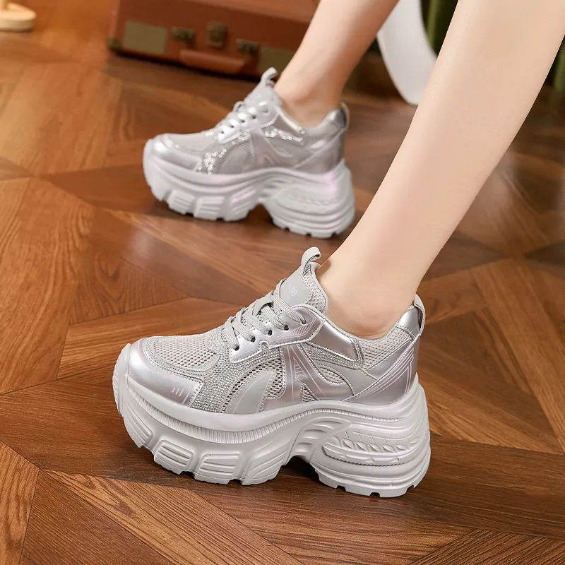 Milan Love Song Mesh Shoes Breathable Lightweight Height Increasing Low Top 8cm Chunky Sneakers Women's Solid Color-1
