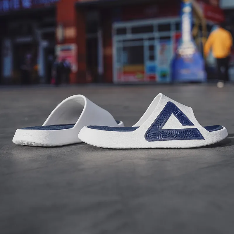 PEAK Tai Ji1.0 Slip Resistant Abrasion Resistant Cushioning Slide Slippers Men's Ultra Light White Dark Blue-5