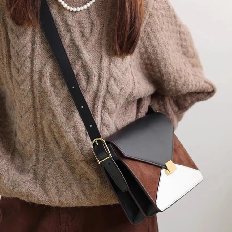 Abbott-VINTAGE Cow Leather Envelope Bag Shoulder Bags Medium Size Women's White With Brown/Burgundy With Black-1