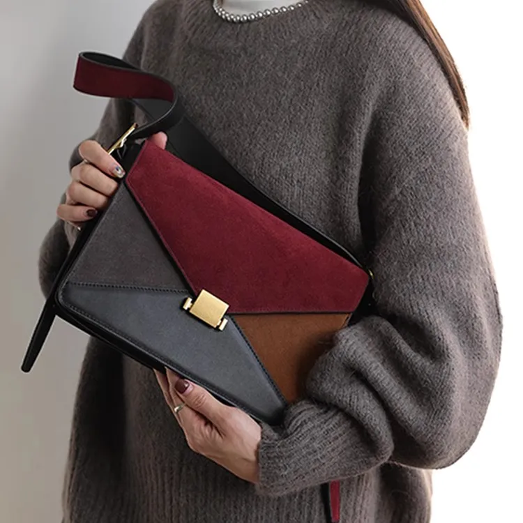 Abbott-VINTAGE Cow Leather Envelope Bag Shoulder Bags Medium Size Women's White With Brown/Burgundy With Black-4