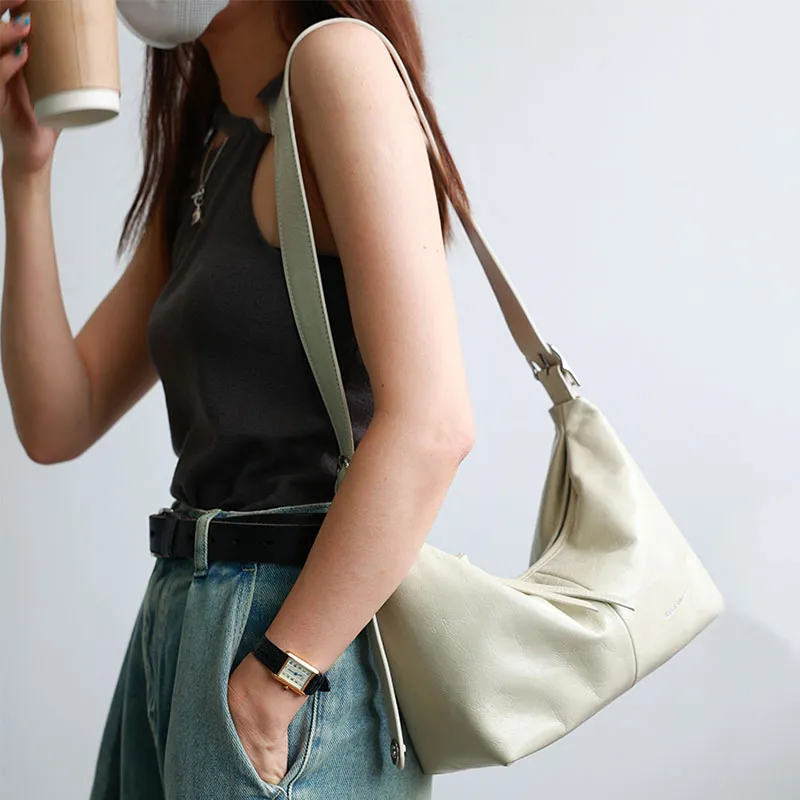 Abbott VINTAGE Cow Leather Shoulder Bag, Crossbody Bag Medium Size Women's Classic Black/Mother Of Pearl White-6