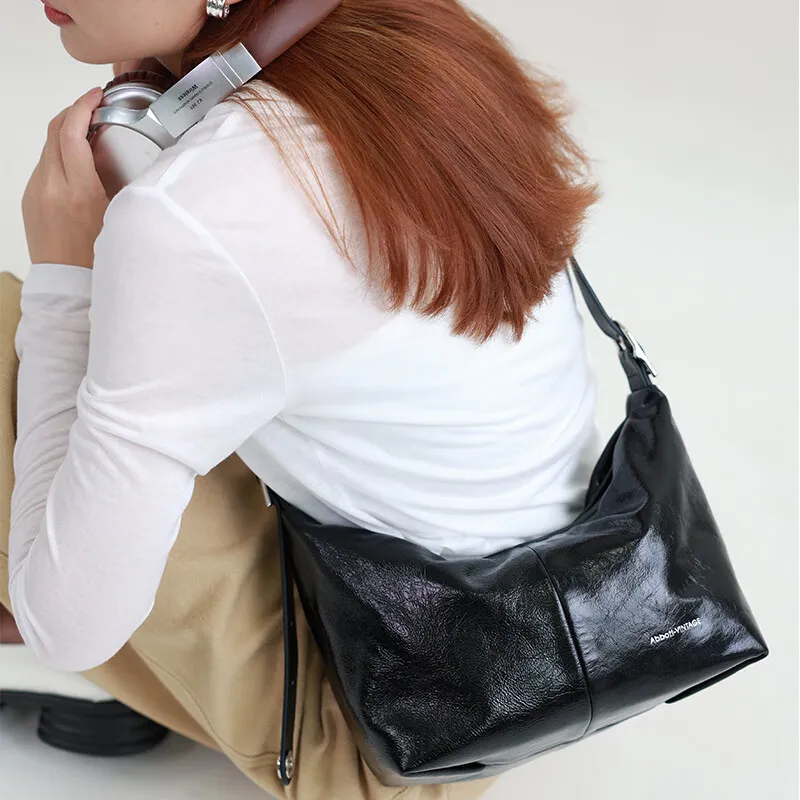 Abbott VINTAGE Cow Leather Shoulder Bag, Crossbody Bag Medium Size Women's Classic Black/Mother Of Pearl White-1