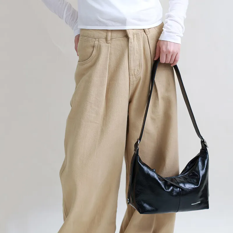 Abbott VINTAGE Cow Leather Shoulder Bag, Crossbody Bag Medium Size Women's Classic Black/Mother Of Pearl White-2
