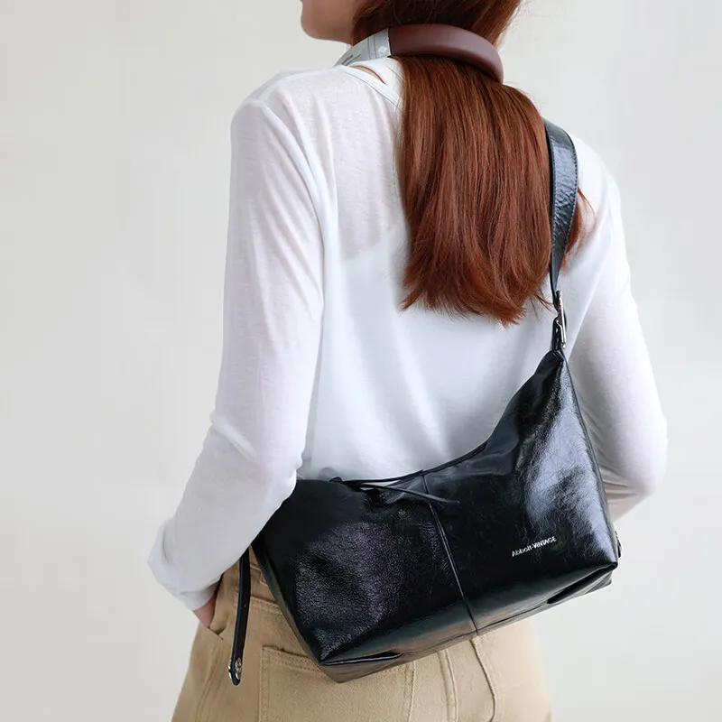 Abbott VINTAGE Cow Leather Shoulder Bag, Crossbody Bag Medium Size Women's Classic Black/Mother Of Pearl White-3