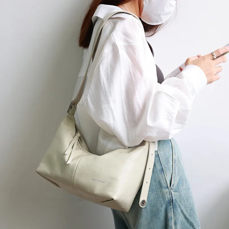 Abbott VINTAGE Cow Leather Shoulder Bag, Crossbody Bag Medium Size Women's Classic Black/Mother Of Pearl White-5