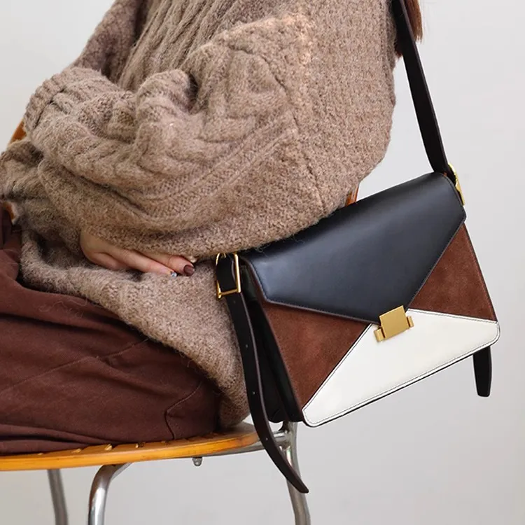 Abbott-VINTAGE Cow Leather Envelope Bag Shoulder Bags Medium Size Women's White With Brown/Burgundy With Black-2