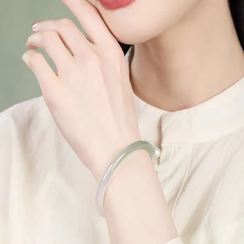 MY WORLD BEGINS AND ENDS WITH YOU Natural Chalcedony Jade Bangles Women's-7