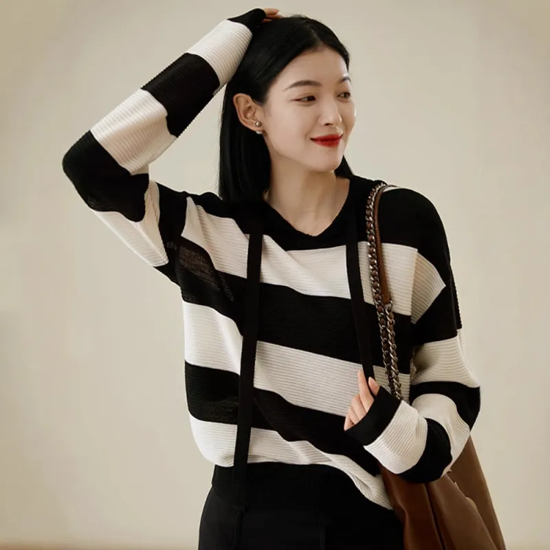 Kele Coco Sweaters Women's Black White Stripes-4