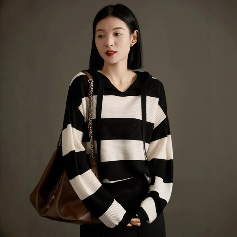 Kele Coco Sweaters Women's Black White Stripes-3
