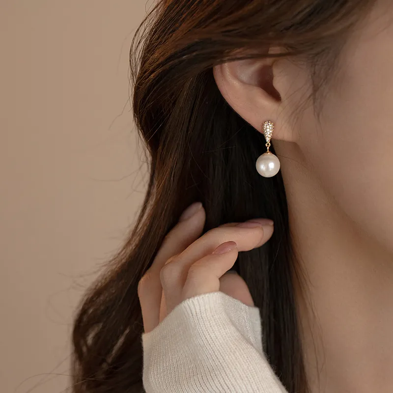 Rhymes Zircon Drop Pearl Gold Plated Copper Clip On Earrings Women's-6