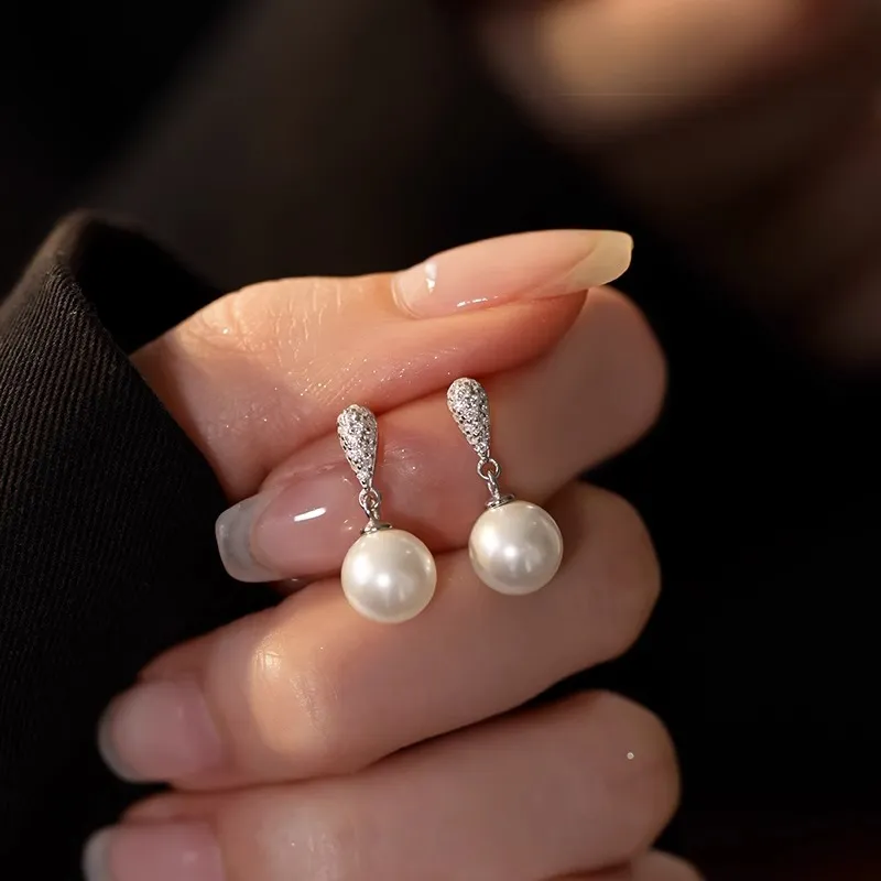 Rhymes Zircon Drop Pearl Gold Plated Copper Clip On Earrings Women's-5