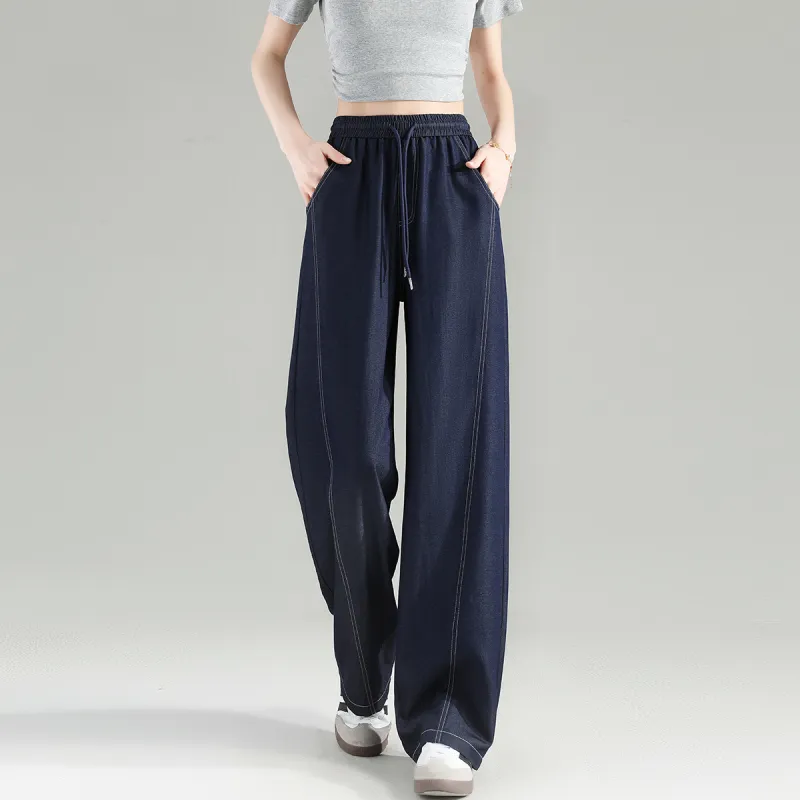 Tonlion Casual Pants Women's Dark Denim Blue-3