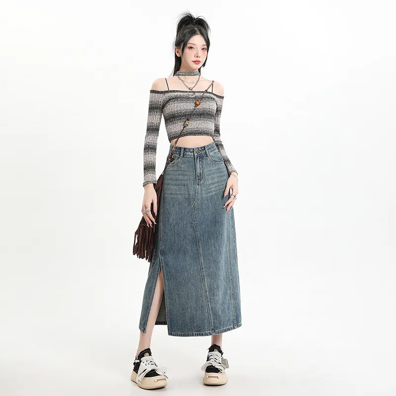 YINLEI Denim Long Skirt Women's-2