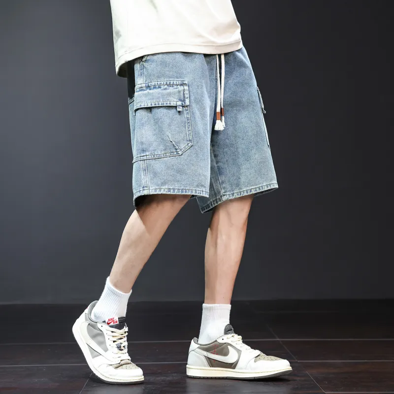 Tonlion Denim Shorts Men Vintage Light Blue-2