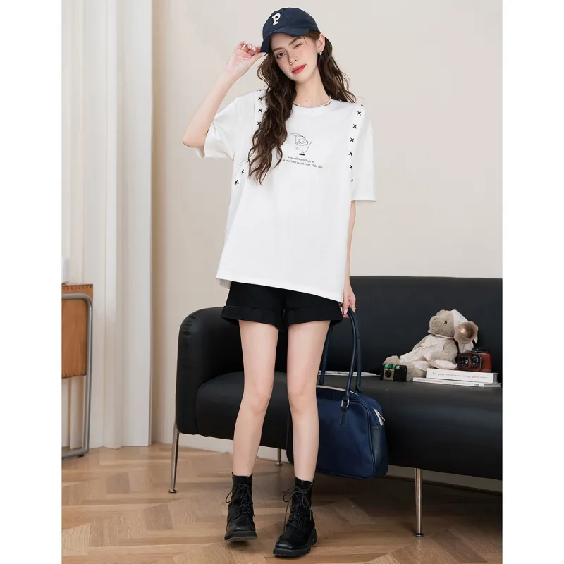 FAWENXIANGZI Drop Shoulder Sleeve T Shirt Women's-5