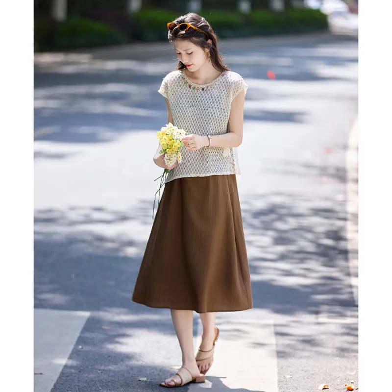 Still quiet Two Piece Skirt Sets Women's Beige+Coffee-2