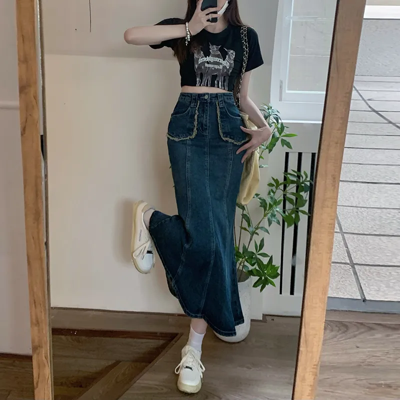MPOX Denim Long Skirts Women's Dark Blue-2