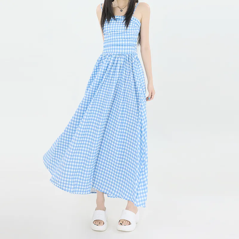 JASONWOOD Slip Dresses Women's Blue White Plaid Long Skirt-4