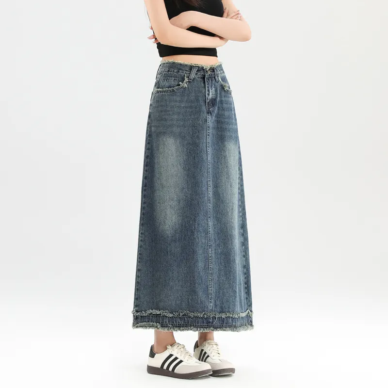 FAWENXIANGZI Denim Long Skirt Women's-5