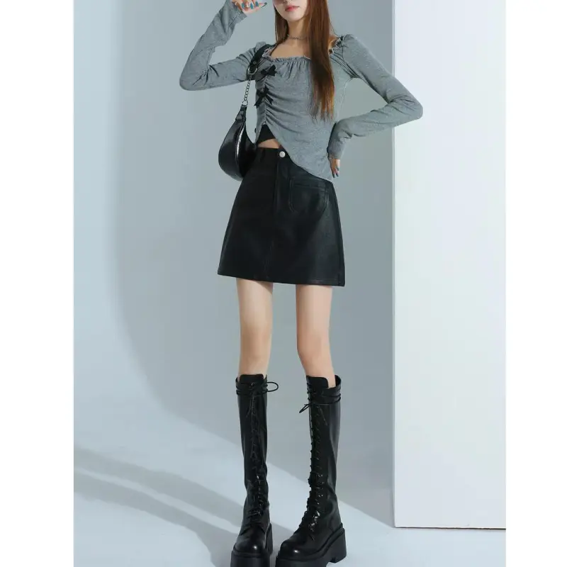 YINLEI Leather Short Skirts Women's-2
