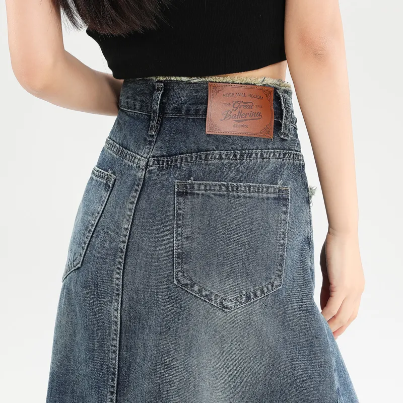 FAWENXIANGZI Denim Long Skirt Women's-9