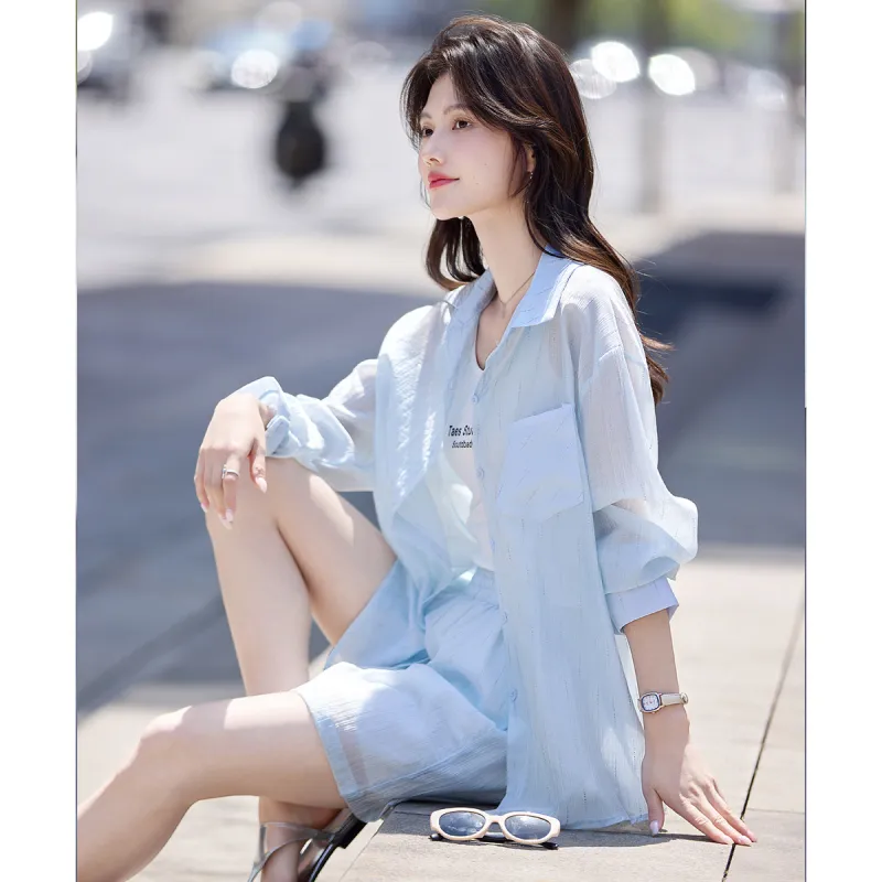 Still quiet Two Piece Skirt Sets Women's Blue+White-2