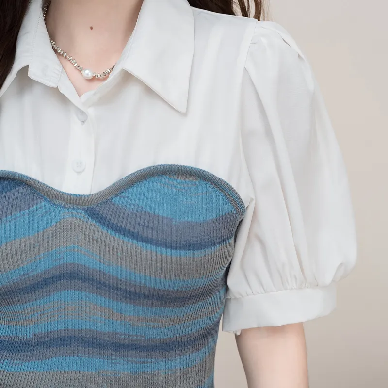 FAWENXIANGZI Shirts Women's Light Blue/White-1