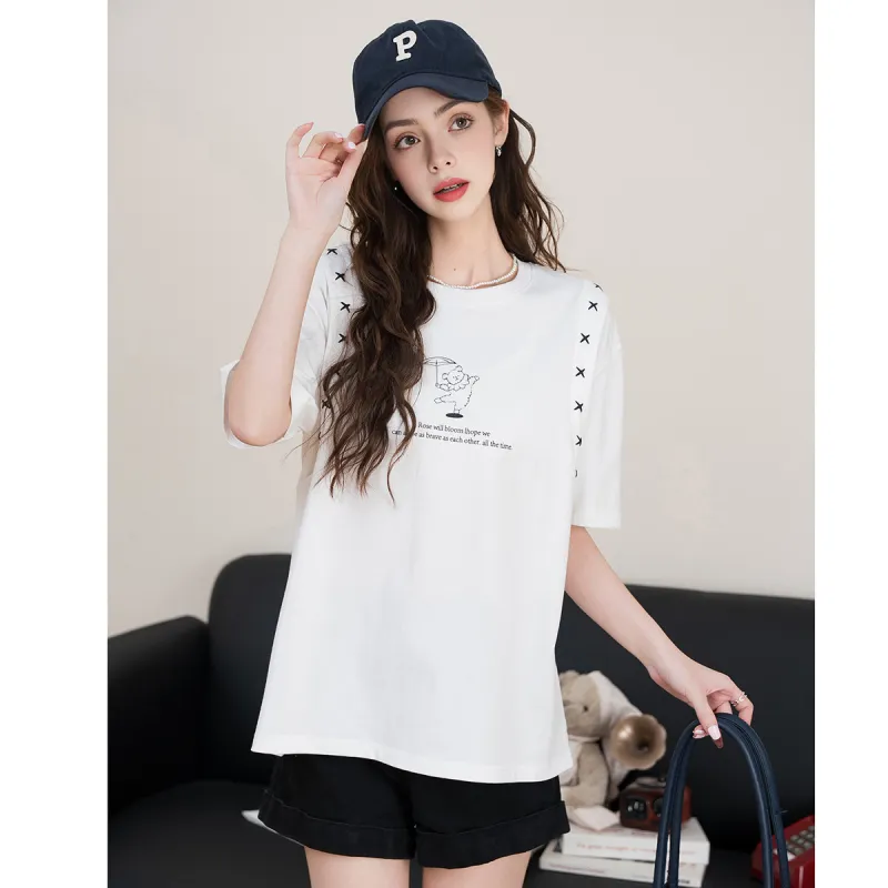 FAWENXIANGZI Drop Shoulder Sleeve T Shirt Women's-4