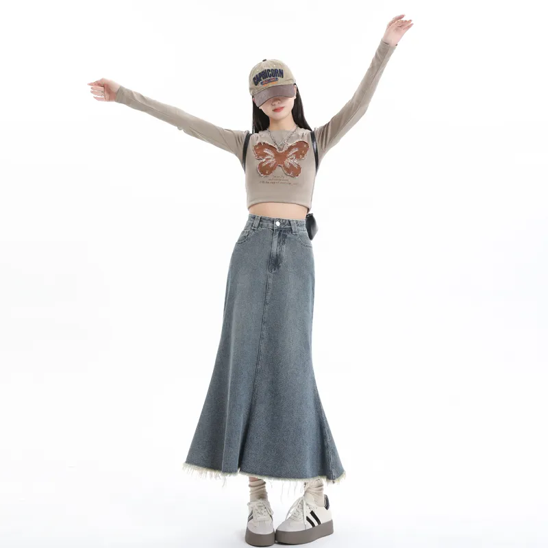 YINLEI Denim Long Skirt Women's-5