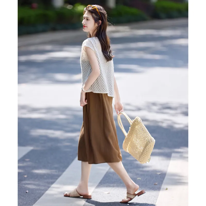 Still quiet Two Piece Skirt Sets Women's Beige+Coffee-5