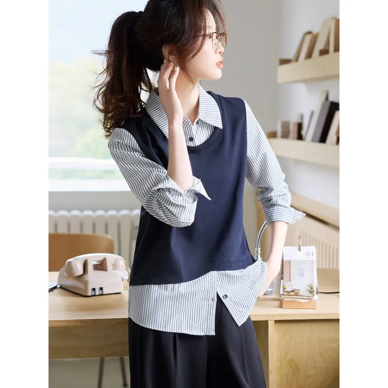 Mo Han Yi Mei Shirts Women's Navy Blue-3