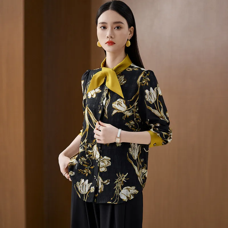 Hang Yi Court Shirts Women's Black Floral-6