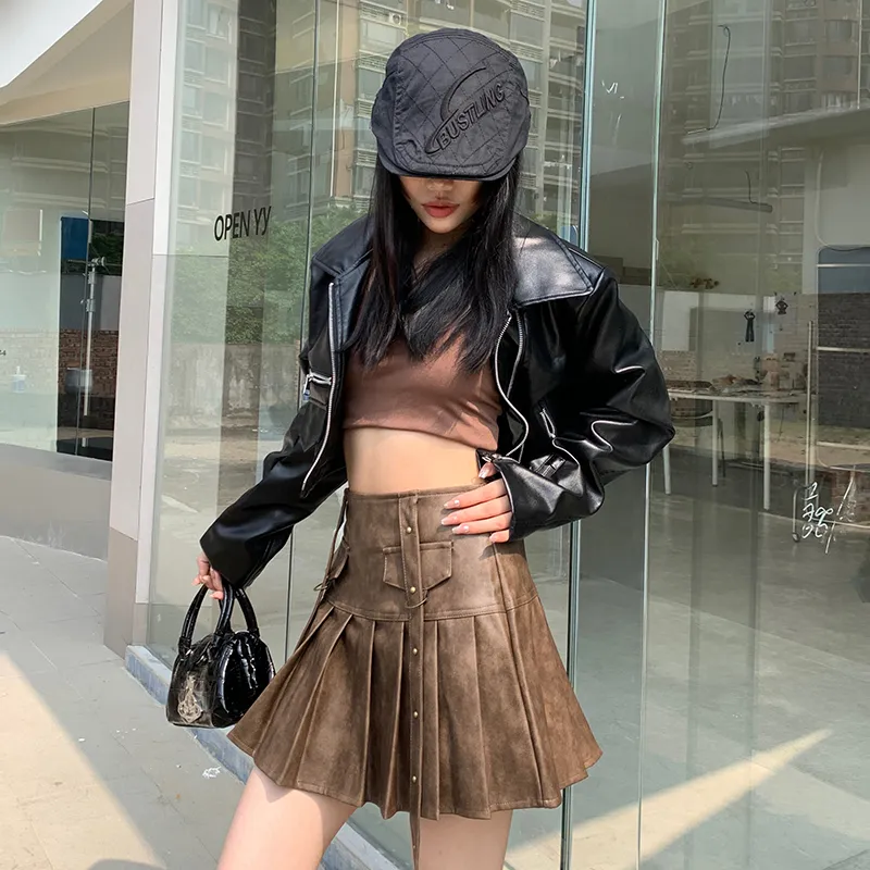 YINLEI Leather Short Skirts Women's-2