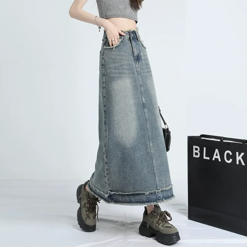 MPOX Denim Long Skirts Women's Vintage Blue-1