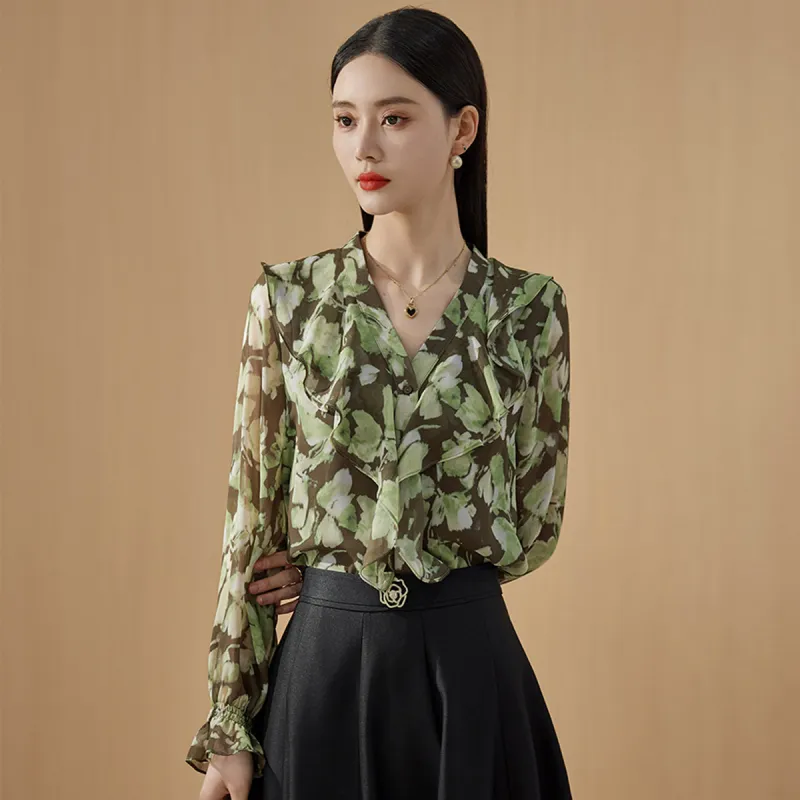 Hang Yi Court Shirt Women's Green Floral-1