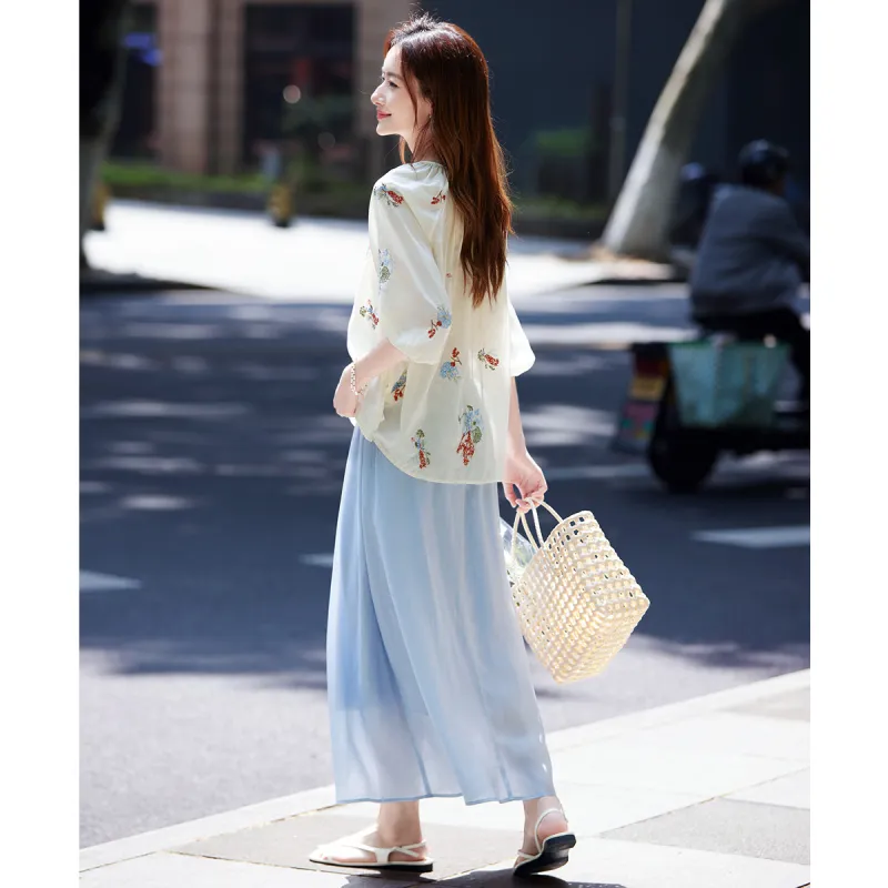 Still quiet Two Piece Skirt Sets Women's Apricot+Blue/Multicolor-4
